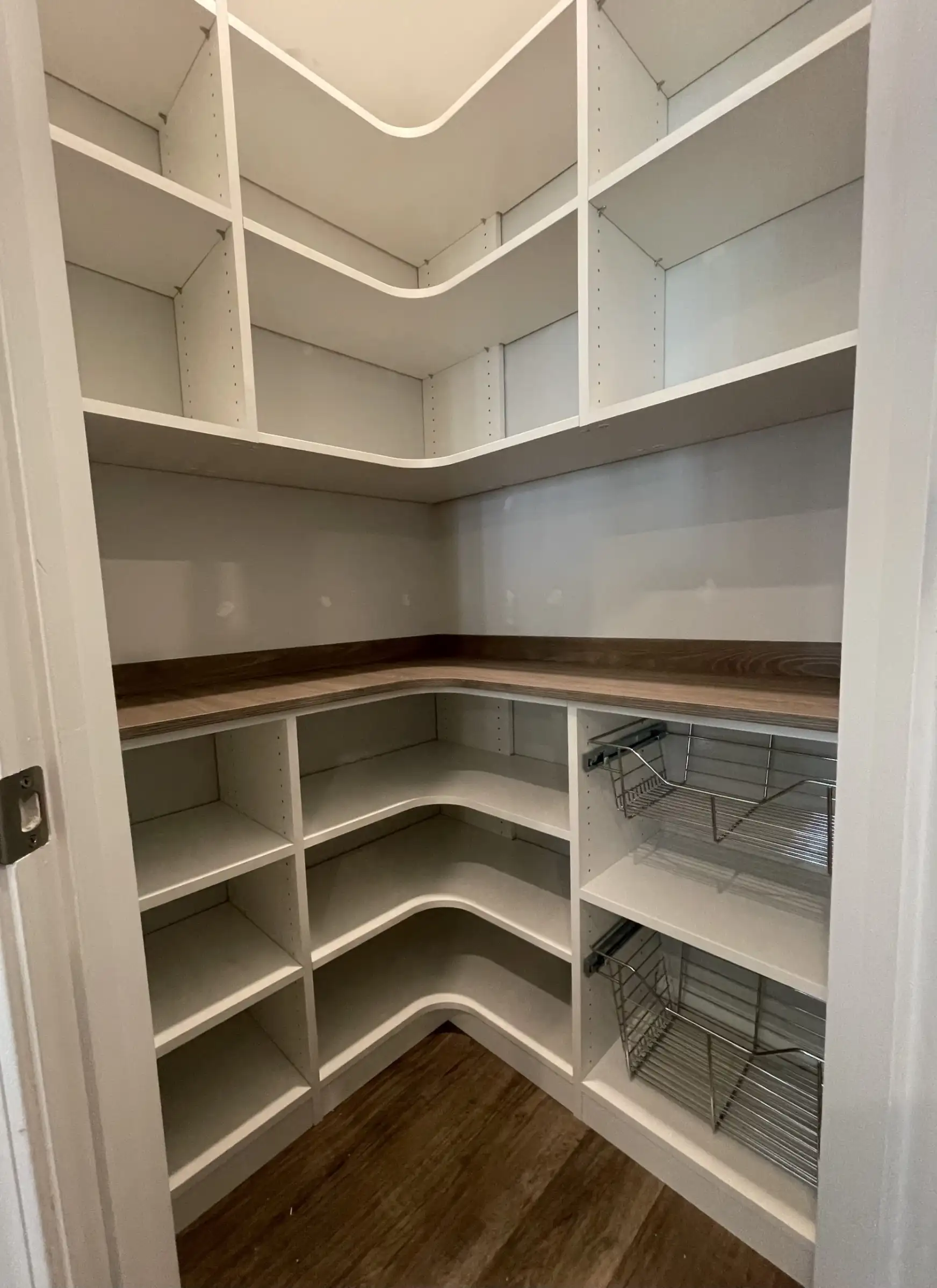 Pantry with pull out wire baskets & Tossini Grey Beige Counter Top for appliances