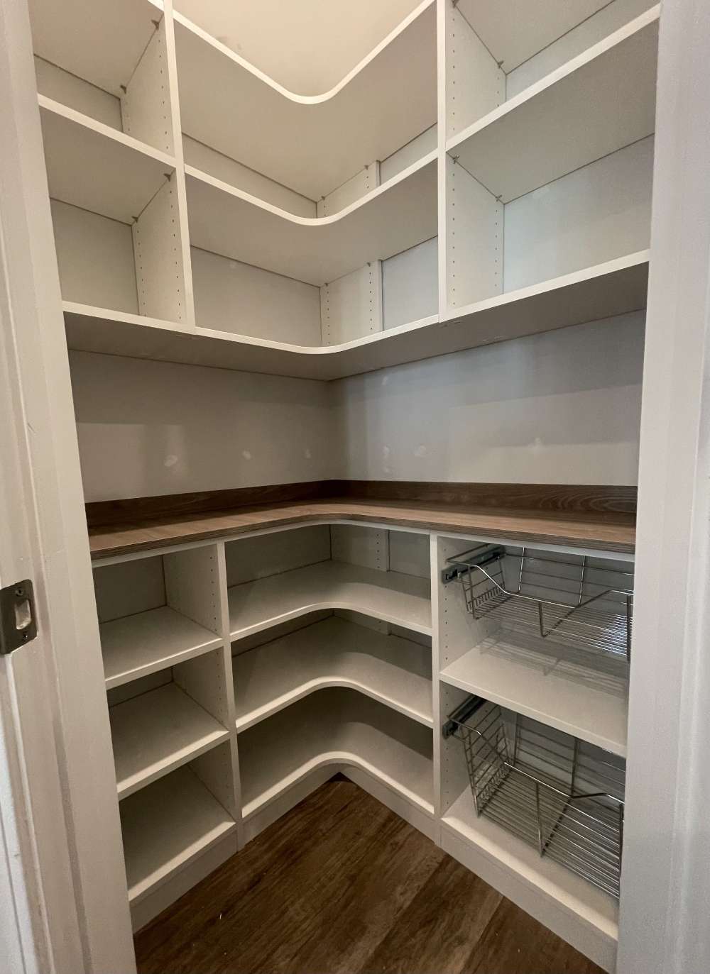 Pantry with pull out wire baskets & Tossini Grey Beige Counter Top for appliances