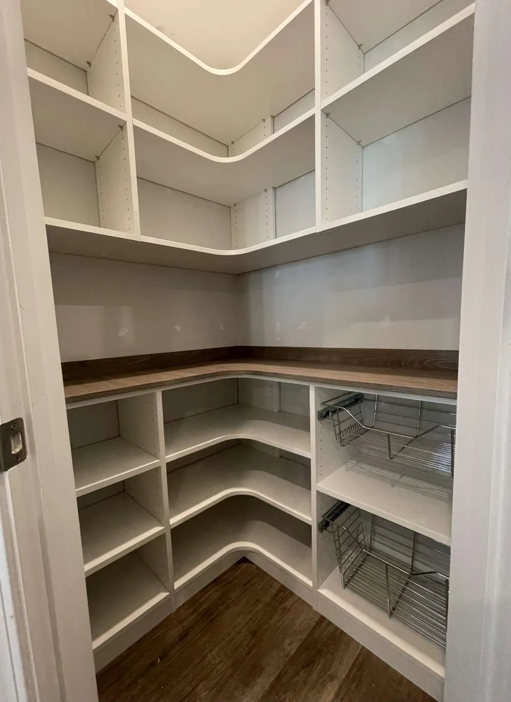 Pantry with pull out wire baskets & Tossini Grey Beige Counter Top for appliances